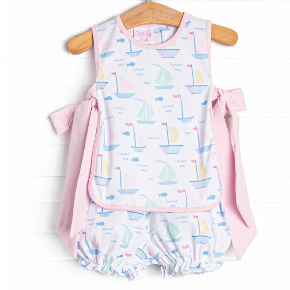 Dock Days Bloomer Set Pink Nautical Sailboat Boutique Toddler Baby Girl Side Tie